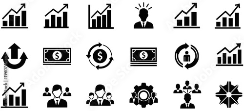 Business and finance icons set with growth charts, teamwork, leadership, money exchange, strategy, innovation, and organizational success illustration