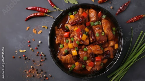 Spicy Kung Pao Chicken with Bell Peppers and Dried Chilies in Black Bowl on Dark Background