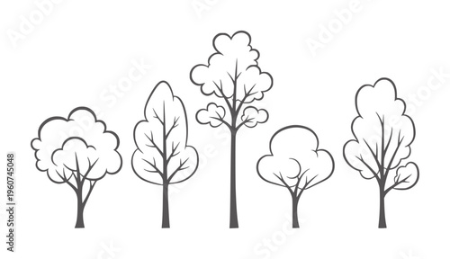Five stylized trees in a row a white nature forest simple outline