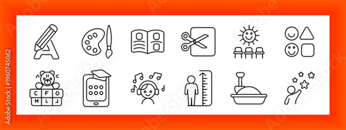 Education learning set icon. Writing pencil, paint palette, open book, scissors tool, classroom chairs, shapes figures, toy blocks, graduation cap device, music listening, height measure