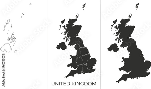 Set of three black silhouettes of the united kingdom map on a white background with text.