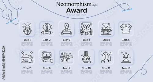 Award set icon. Crown ball, badge number, winner podium, medal ribbon, trophy cup, laurels, ticket, money hand, target arrow, seal stamp, success symbols line icons