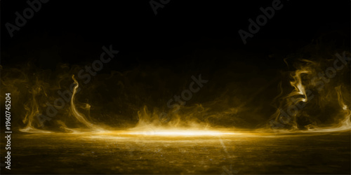 An abstract fire and smoke cloudscape glows with bright color against a dark storm night sky and moon light backdrop