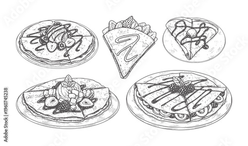 Hand drawn of five delicious crepes with fruit and chocolate pancakes dessert food