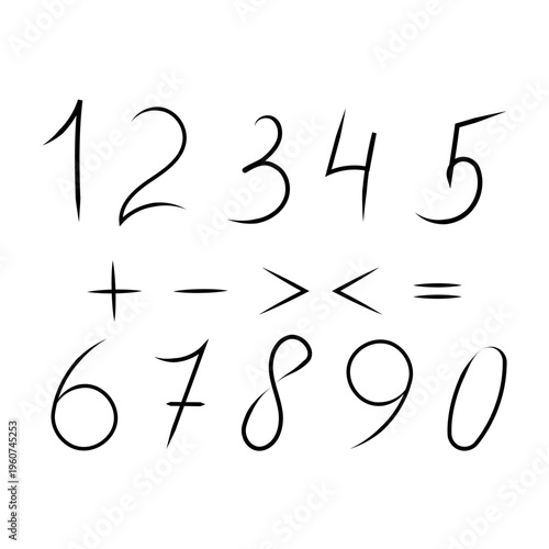 Hand drawn elegant numbers and mathematical symbols set isolated on white background
