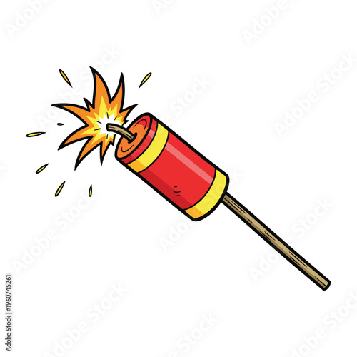 A vibrant cartoon illustration of a lit firecracker with a bright orange and yellow flame, ready to ignite a celebration