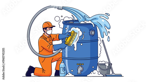 Cleaning Crew: A dedicated individual wearing protective gear diligently scrubs a large blue barrel, water splashing, representing industry cleanliness. 