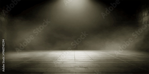Empty room with dark spotlights shining on a vintage gray concrete wall and grunge floor with fog and smoke for an interior stage backdrop