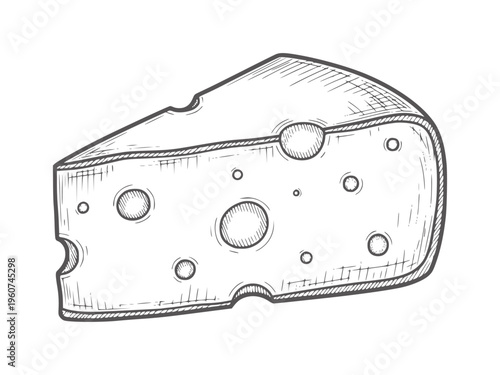 Hand drawn wedge of swiss cheese with holes and texture food dairy