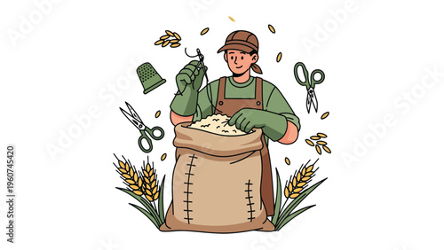 Harvesting Grain Illustration: A dedicated farmer meticulously secures a grain-filled sack amidst a vibrant array of agricultural tools.