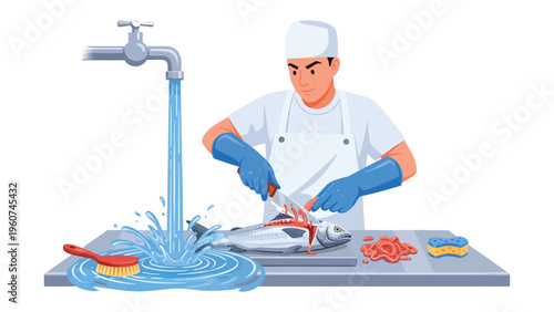 Chef Prepping Fresh Fish: A skilled chef meticulously prepares a fresh fish, expertly cutting and cleaning it at a sink, with tools ready for a culinary creation.