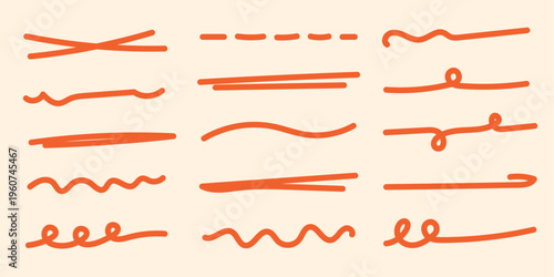 Line marker set, hand drawn accentuation brush stroke accents. Doodle style underline divider separator handwritten collection wavy curly various strips art lines. Isolated. Vector illustration