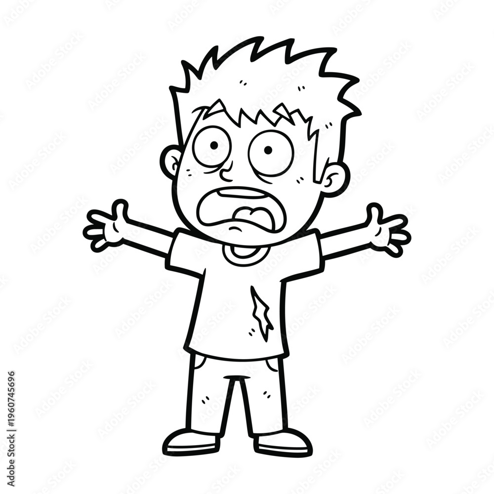 Fototapeta premium A black and white line drawing of a scared boy with spiky hair and wide eyes, arms outstretched in surprise