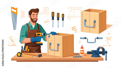 Woodworker Crafting a Box: A skilled woodworker meticulously assembles a wooden box, surrounded by tools of his trade.  A showcase of craftsmanship.