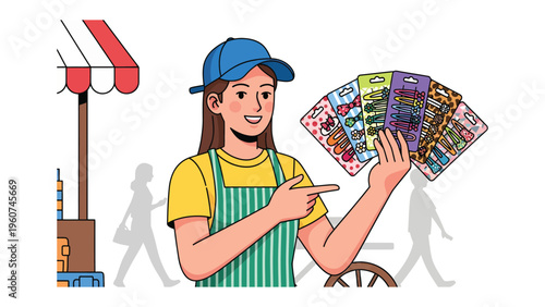 Delightful Vendor's Showcase: A vibrant illustration depicts a friendly vendor, proudly displaying an array of colorful goods, offering a glimpse into a lively market scene.