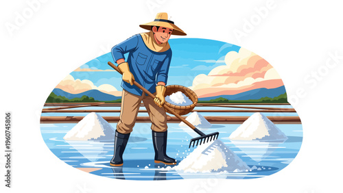 Salt Farmer at Work: A diligent salt farmer, adorned in protective attire, meticulously tends to salt flats, raking and collecting the valuable harvest beneath a radiant, cloud-dotted sky.