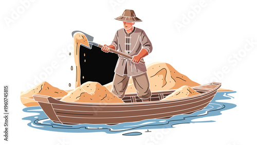 The Sand Collector's Load: A diligent worker in traditional attire diligently shovels sand onto a small boat, demonstrating the arduous nature of manual labor.