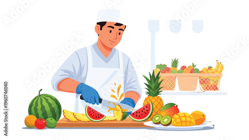 Fresh Fruit Fusion: A skilled culinary professional delicately slices vibrant, juicy tropical fruits, turning ordinary ingredients into works of edible art.