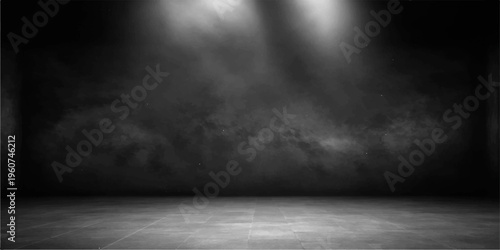 An empty dark room interior features a grunge concrete wall and floor with a dirty cement texture, creating a vintage gray stone backdrop in a blank aged space