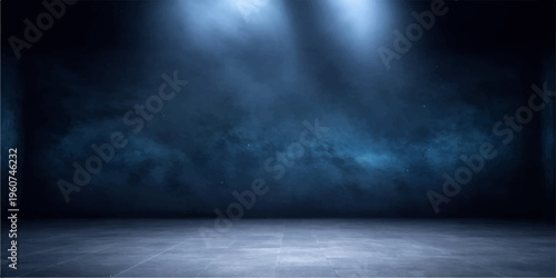 Empty vintage interior room featuring a dark grunge concrete wall and old gray wood floor with a smoky fog texture backdrop for design space