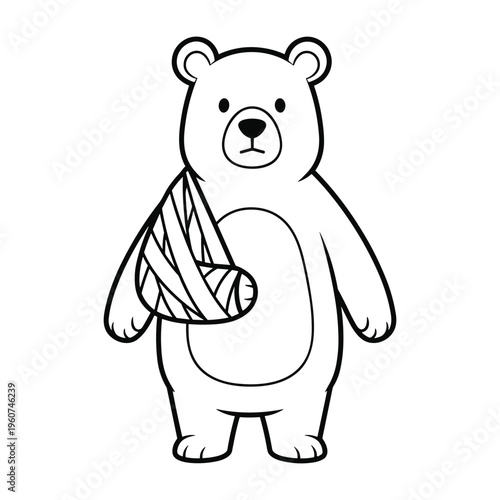 A cute cartoon illustration of a bear with its arm in a sling, standing on a white background