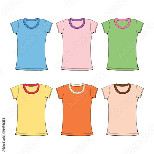 Set of six women's blank short sleeve ringer t-shirts in pastel colors. Vector mockup template for fashion design, apparel print presentation, and clothing merchandise isolated on white background.
