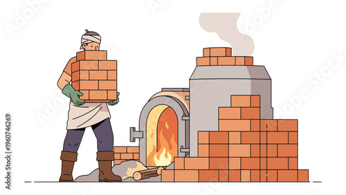 Bricklayer's Craft: A skilled worker, clad in work clothes, skillfully lays bricks, constructing a sturdy structure near a kiln, the heart of the brick-making process.