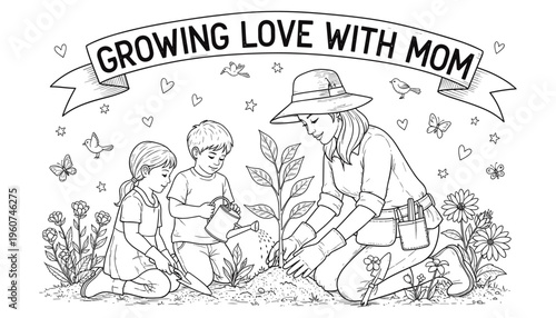 Mother's Day Coloring Page Vector — Mom Gardening with Kids, Growing Love with Mom, Family Garden Scene Line Art Illustration