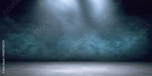 A dark blue room featuring a vintage grunge wall texture illuminated by ethereal light amidst a backdrop of misty smoke and storm clouds at night