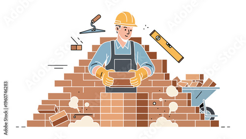 Crafting Construction: A dedicated construction worker meticulously places a brick, embodying precision and skill in the art of building.