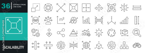 Scalability icon set. Containing growth, expansion, stretch, elasticity, efficiency, scalable resize, performance, adaptability, and more. Editable line icons. Vector illustration.