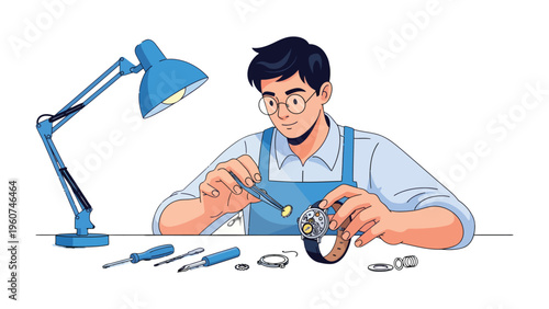 Watch Repair Technician: A skilled technician meticulously examines and repairs a delicate timepiece, illuminated by a focused task light, with specialized tools arrayed around them.