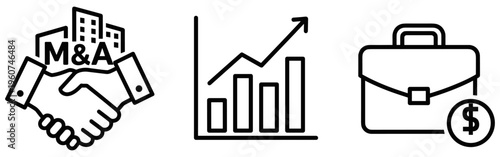 "Business and Finance Icons Featuring Mergers, Acquisitions, Growth Charts, Briefcase Dollar Sign, Corporate Strategy, Investment, and Financial Management"