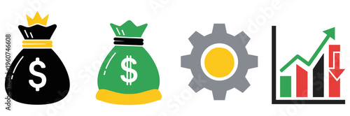 Black and white finance and business performance icon collection featuring money bags, gear, crown, and growth decline chart illustration
