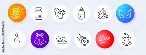 Baby care set icon. Mother bottle fetus feeder mobile pregnancy dress stroller birth bird child line icons minimal outline style childcare objects collection