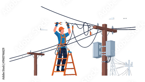 Maintaining the Power Grid: A dedicated electrician meticulously works atop a utility pole, ensuring the smooth flow of electricity throughout the community. 