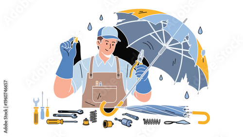 Umbrella Repair Service: A skilled repairman carefully mends a damaged umbrella, showcasing the meticulous art of fixing and restoring the essential protection from rain.