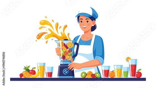 Juice Maker: A vibrant illustration showcasing a juice maker crafting a refreshing blend of fruits, with various glasses of colorful juice arranged invitingly, symbolizing healthy eating and wellness.