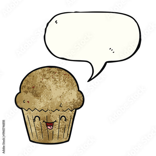 A happy cartoon muffin with a speech bubble, expressing joy and ready to communicate a sweet message