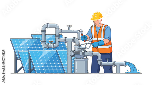 Solar Technician at Work: A diligent technician, adorned in safety attire, attends to a sophisticated water pumping mechanism powered by solar panels.