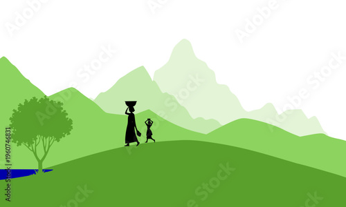 Silhouette of an Indian woman with a child walking near a tree in a lush green mountain landscape, depicting rural village life, motherhood, and traditional cultural heritage