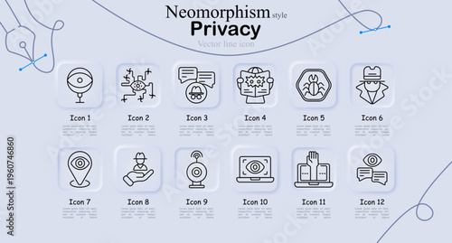 Privacy set icon. Eye scanner, network nodes, masked user, secure document, bug symbol, spy figure, location eye, hand protection, camera device, laptop eye, data block, chat privacy line icons