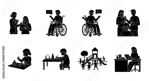 A collection of black and white illustrations depicting diverse people in various daily activities Vector, illustration