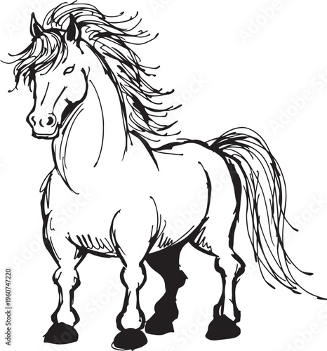 A graceful and powerful white horse standing majestically with its mane blowing in the wind, captured in a detailed line drawing illustration