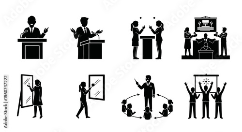 A collection of black icons depicting various professional speaking and presentation scenarios today Vector, illustration