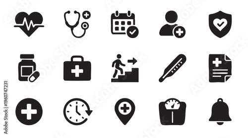 Collection of essential solid black medical and healthcare graphic icons representing wellness monitoring, appointments, first aid, and vital sign checks