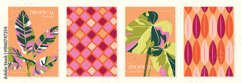 Tropical paradise summer poster set vector. Retro botanical leaf wall art collection with geometric patterns in peach pink orange and green. Decorative background design for home decor posters.
