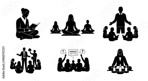 A collection of black silhouette icons depicting various educational and spiritual group activities Vector, illustration