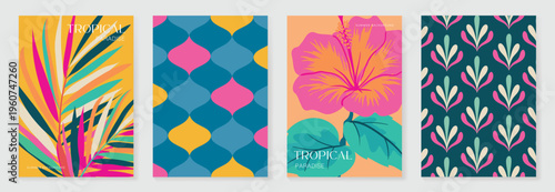 Summer tropical poster set vector. Retro botanical leaf and hibiscus wall art with geometric abstract pattern in yellow, teal, pink, peach and cream. Decorative background design for home decor poster