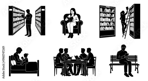 A collection of black silhouette icons depicting various people reading books in different settings Vector, illustration